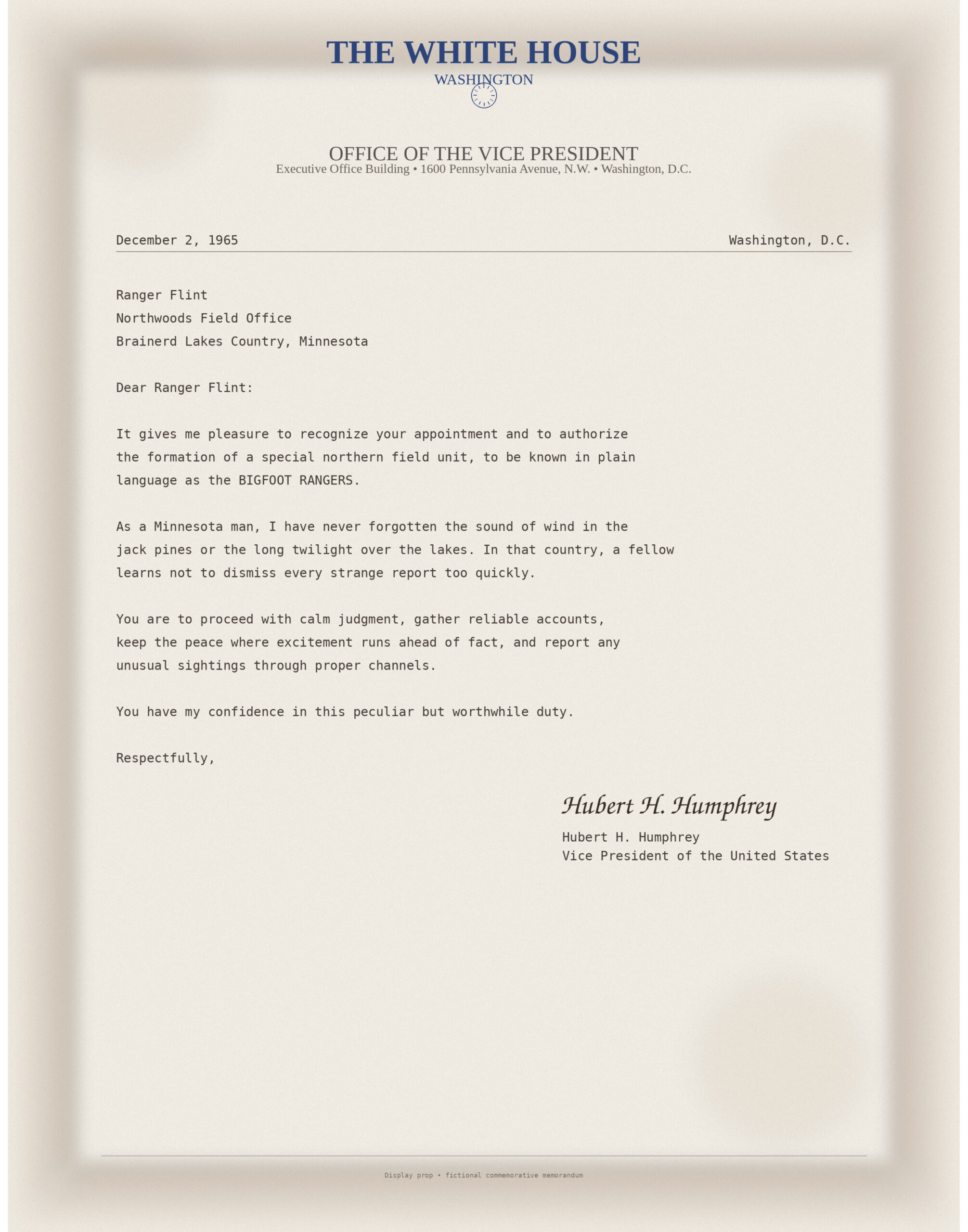 Hubert Humphrey Bigfoot Rangers letter from the Trailhead archive