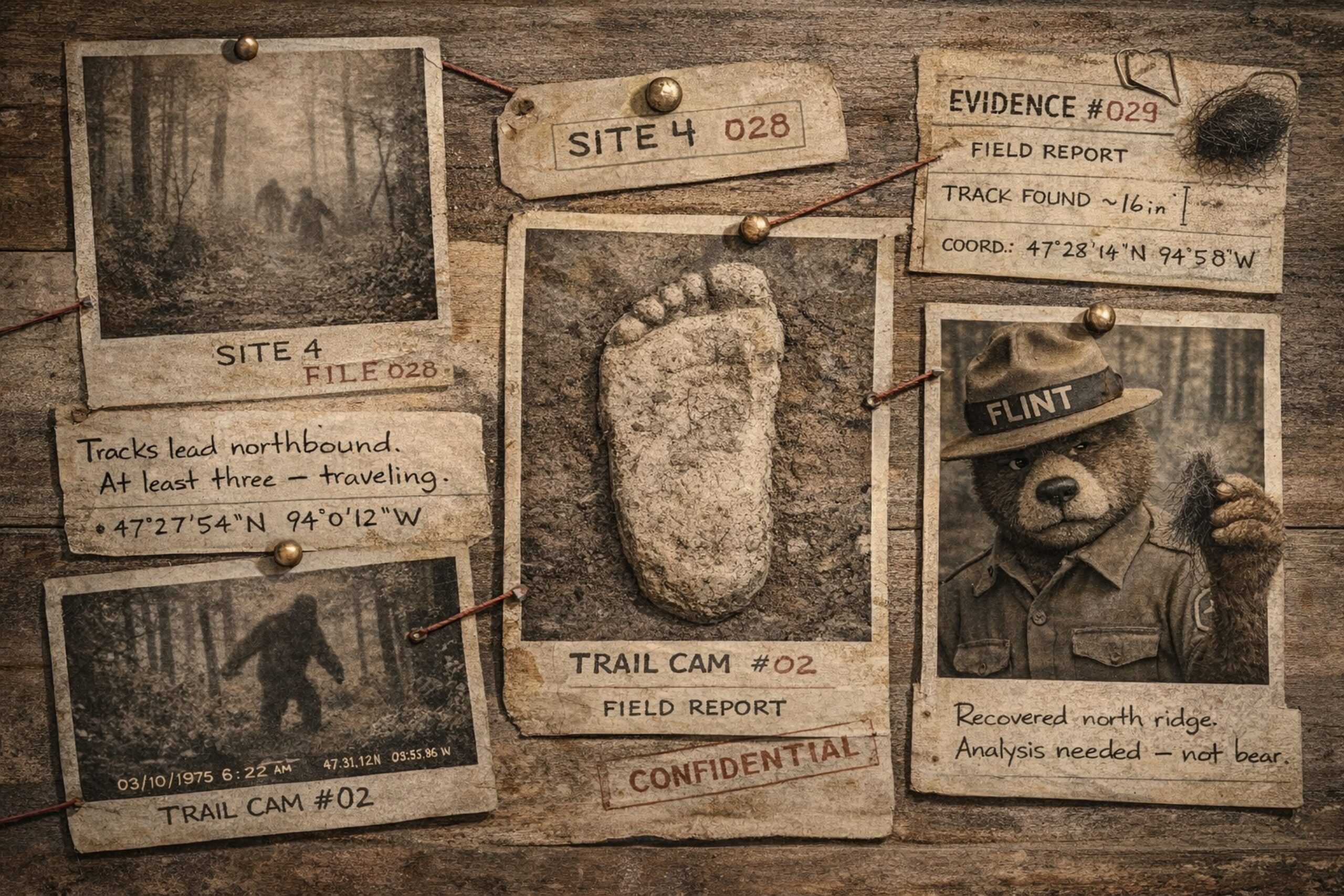Trailhead case file poster featuring Bigfoot Rangers field material